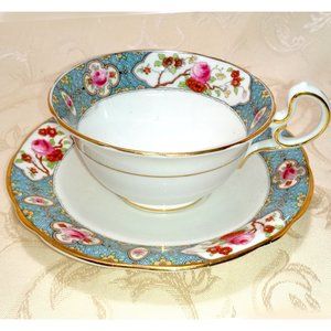 BLUE BROCADE BAND CUP & SAUCER - AYNSLEY